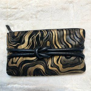 Bags by PINKY clutch, vtg/retro 80's leather, blk, bronze, gld, EUC, made in USA